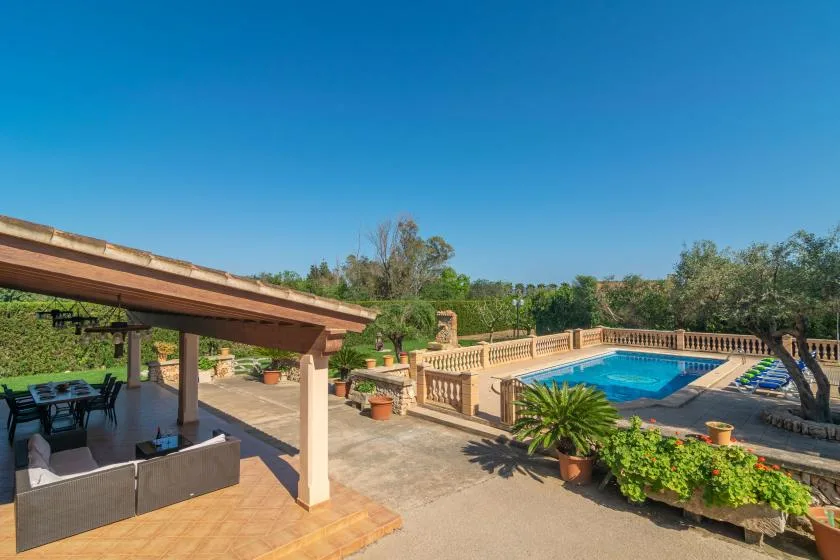 A sunny pool patio with shaded outdoor seating and potted plants.