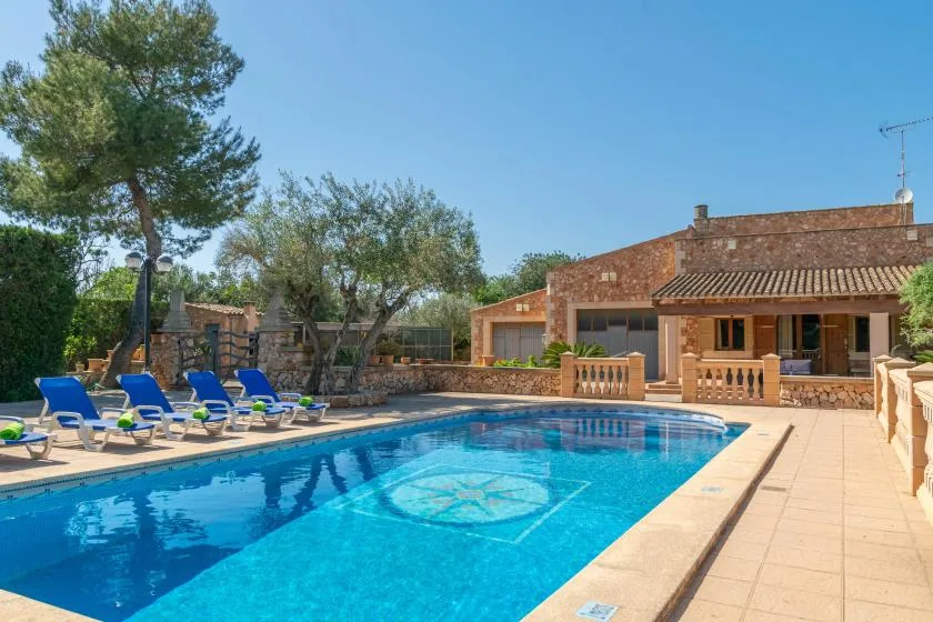 A swimming pool beside a paved patio with blue lounge seating and a low building.