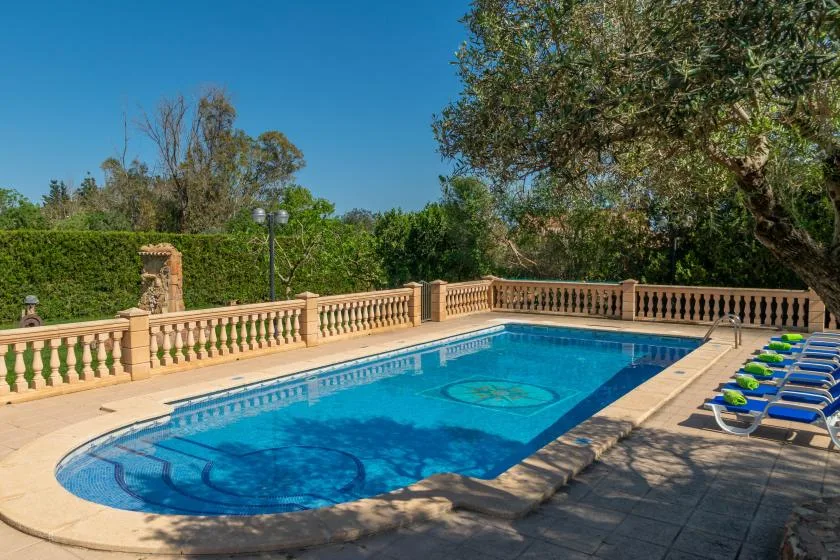An outdoor swimming pool is surrounded by a stone balustrade and rows of loungers.