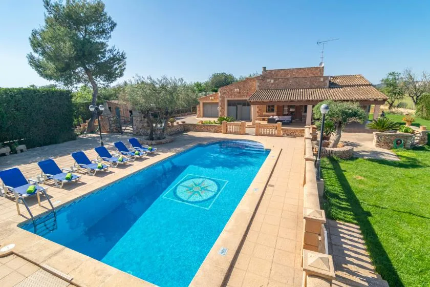 An outdoor swimming pool beside a tiled patio and a low house.