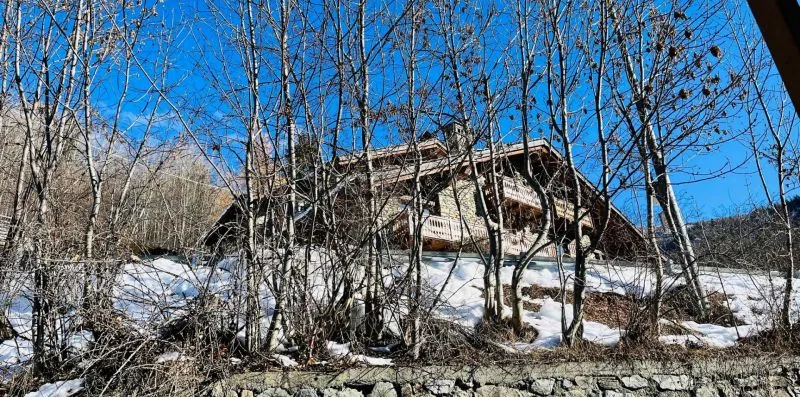 A wooden cabin stands among leafless trees above a snowy hillside.