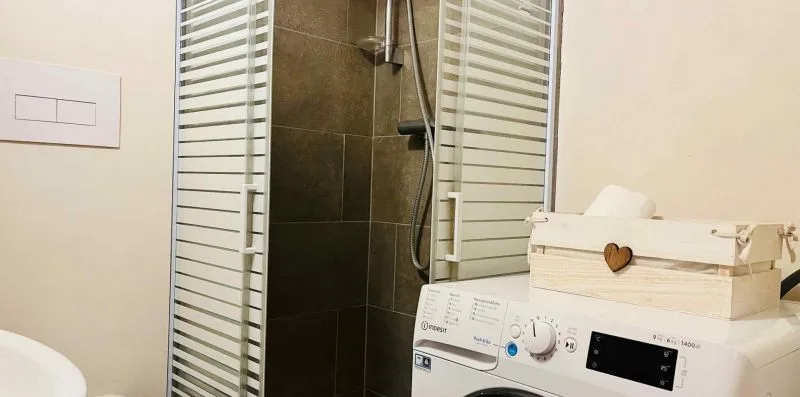 A bathroom shower beside a washing machine and wooden storage box.