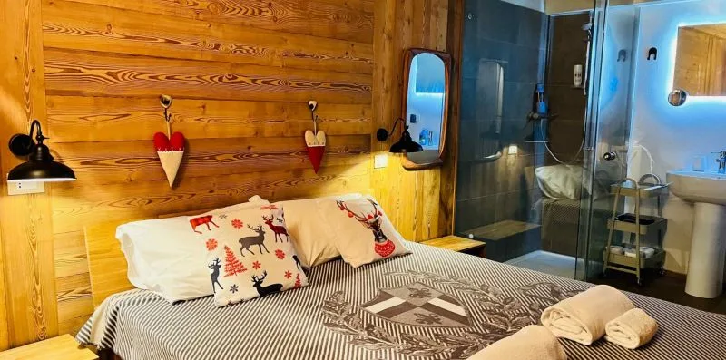 A bedroom with patterned bedding and a wood-paneled wall, beside a glass shower.