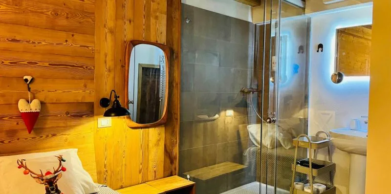A wood-paneled room opens onto a glass-enclosed shower, with a bed visible at the edge.