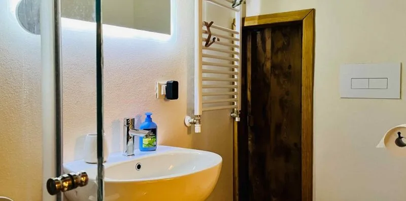 A bathroom with a sink, mirror, and dark wooden door.