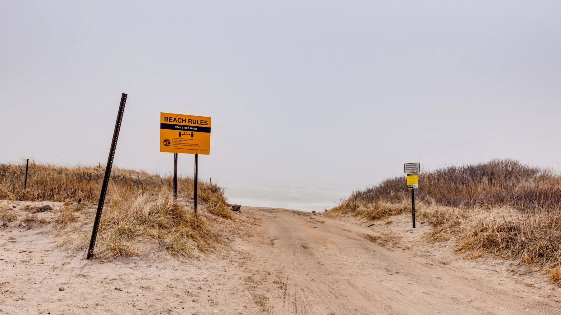 Un sendero de arena cruza dunas costeras hacia la playa.