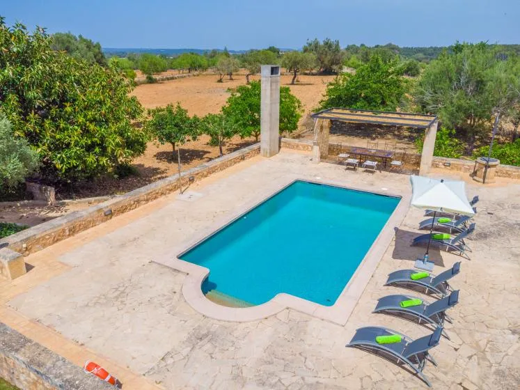 Una piscina al aire libre está en una terraza soleada de piedra, rodeada de árboles.