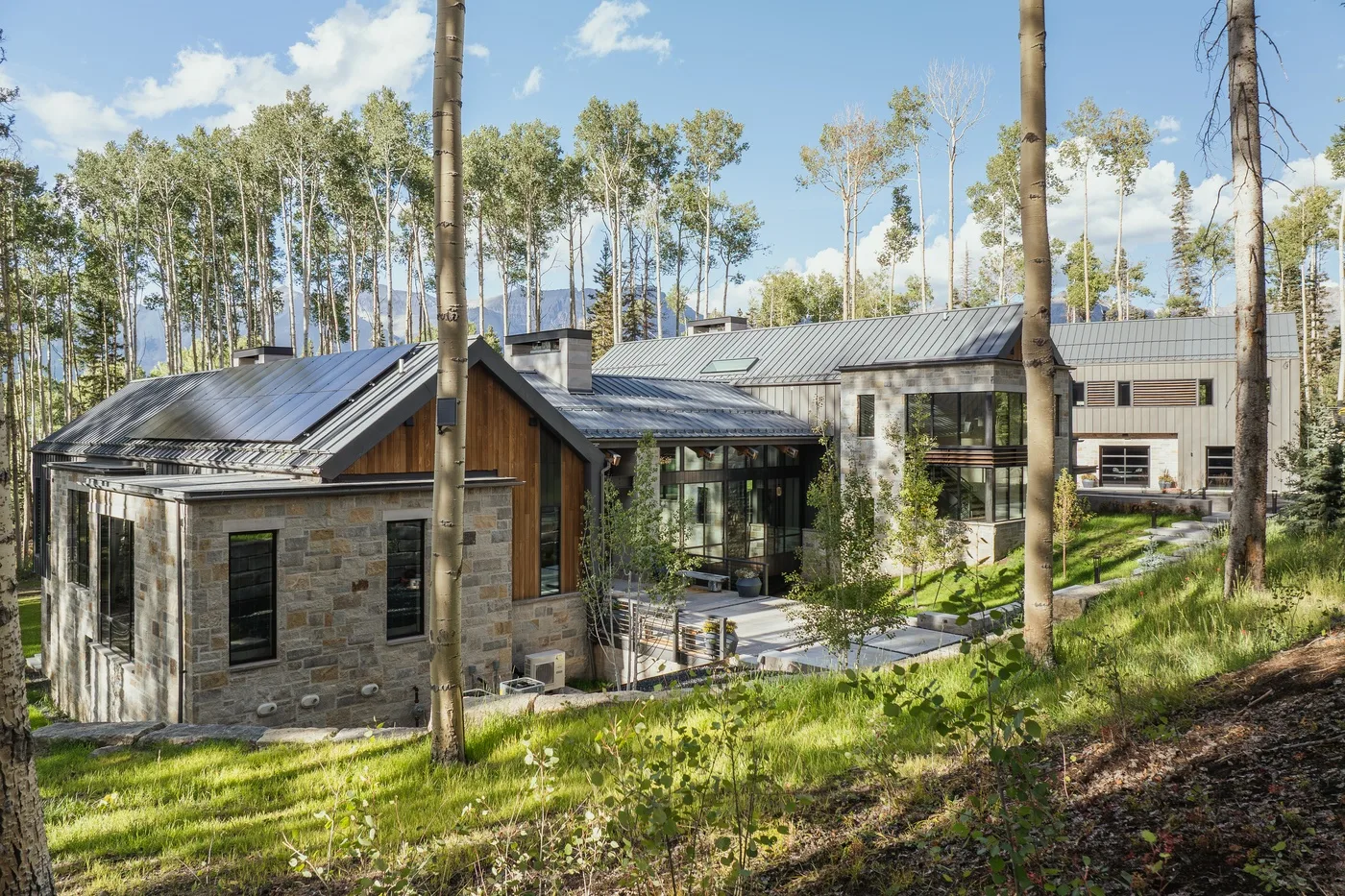 A modern house sits among tall trees on a grassy hillside.