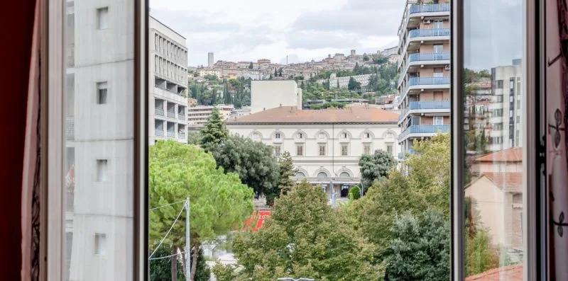 Vista urbana a través de una ventana abierta, con árboles y edificios al fondo.