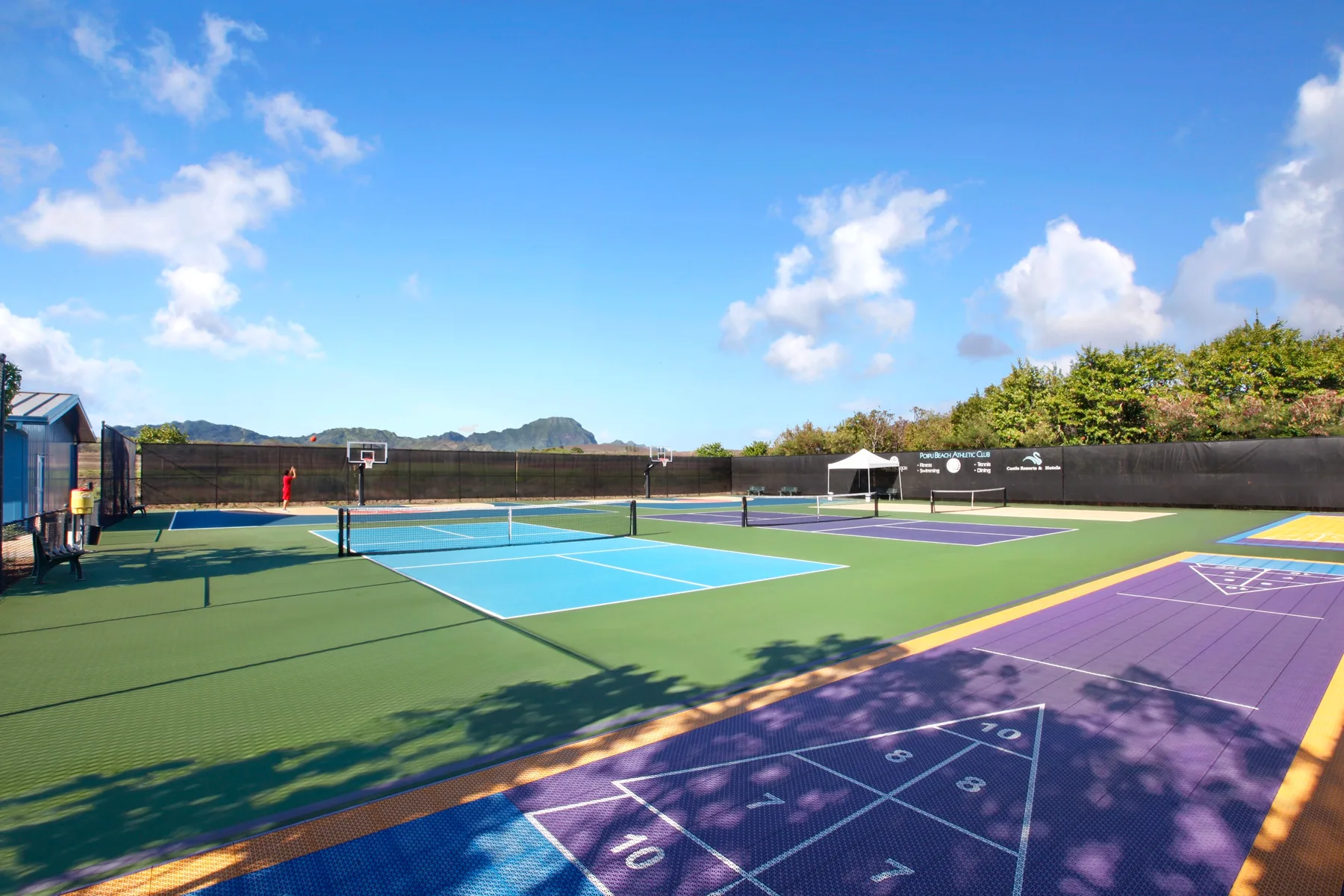 Canchas deportivas al aire libre, con superficies verdes y moradas bajo un cielo azul despejado.