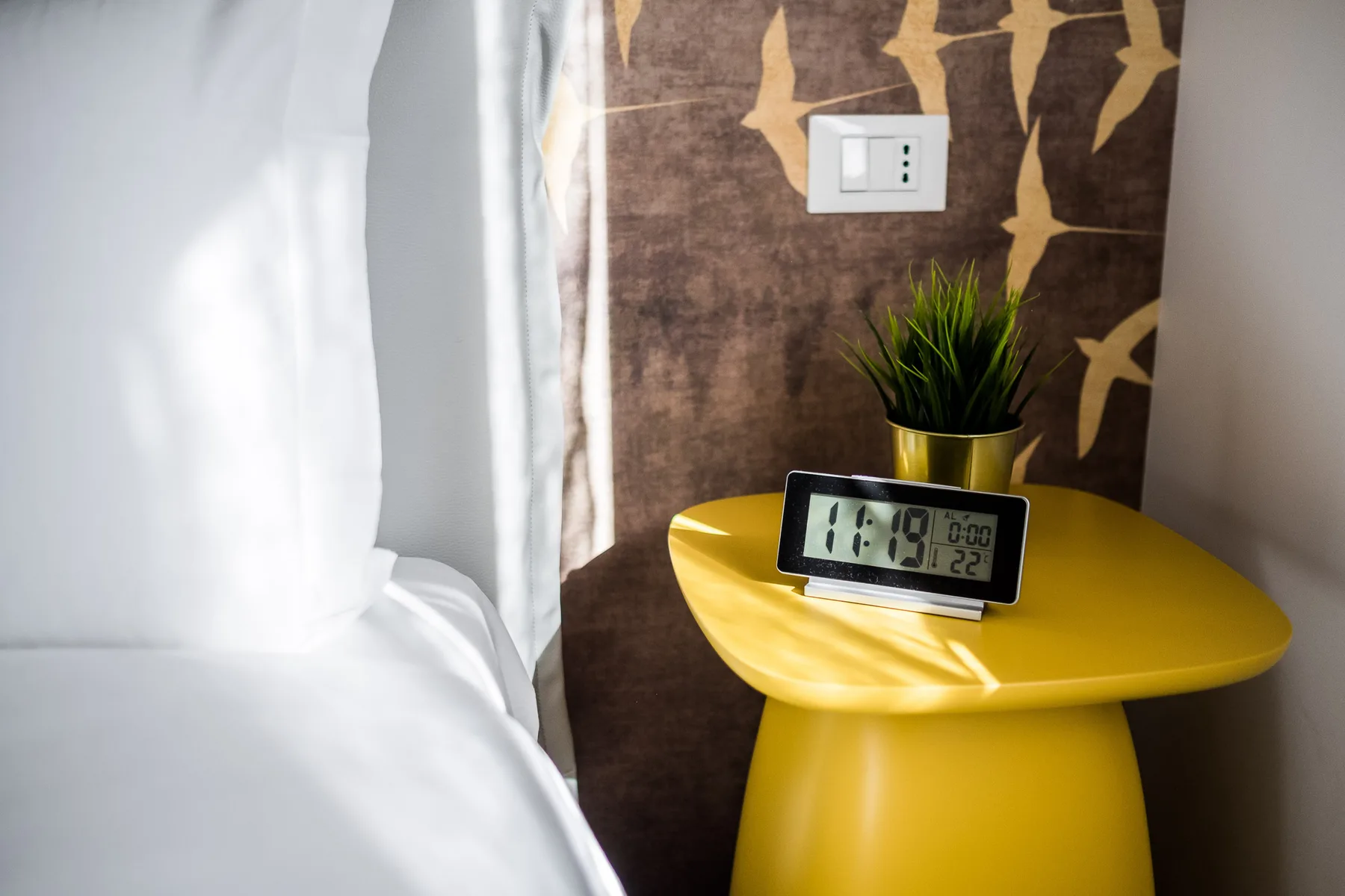 A bedside table holds a digital clock and a small potted plant beside a bed.