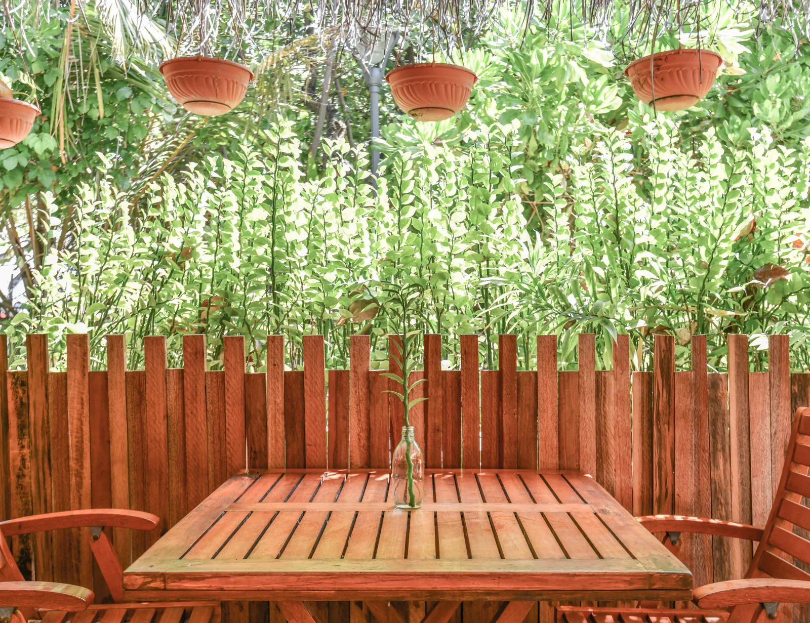 Zona de comedor en el jardín de Ostrov Beach