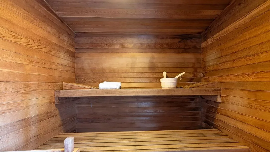 A wood-paneled sauna room with tiered wooden seating.