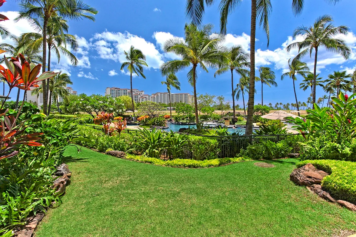 Un jardín tropical ajardinado con palmeras y césped bajo un cielo azul.