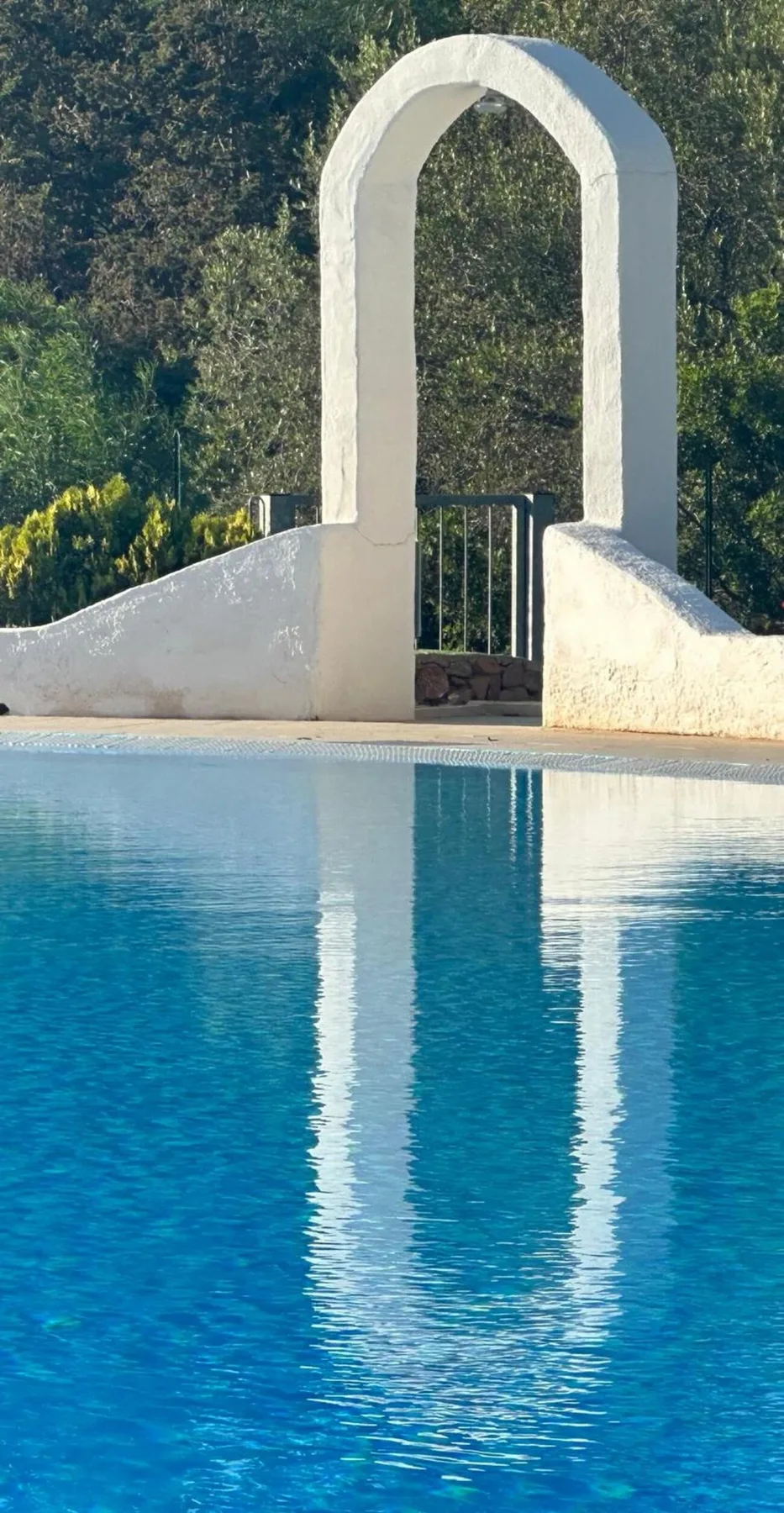 A swimming pool reflects a white arched structure beside green foliage.