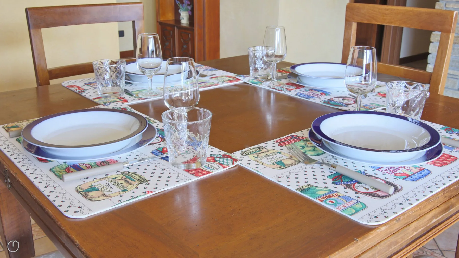 A dining table is set with plates, glasses, and colorful placemats.
