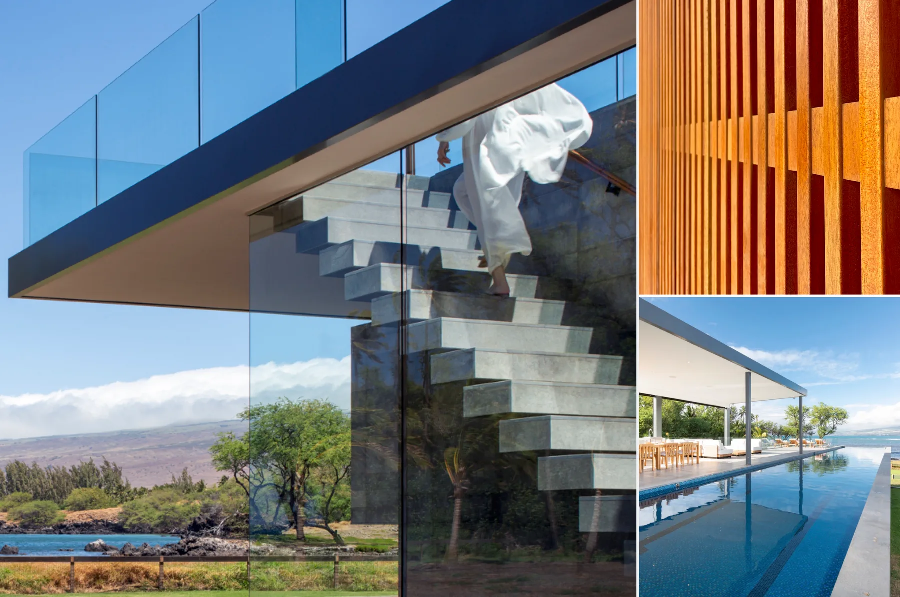 A modern glass building overlooks a landscape, with a pool shown in an inset.