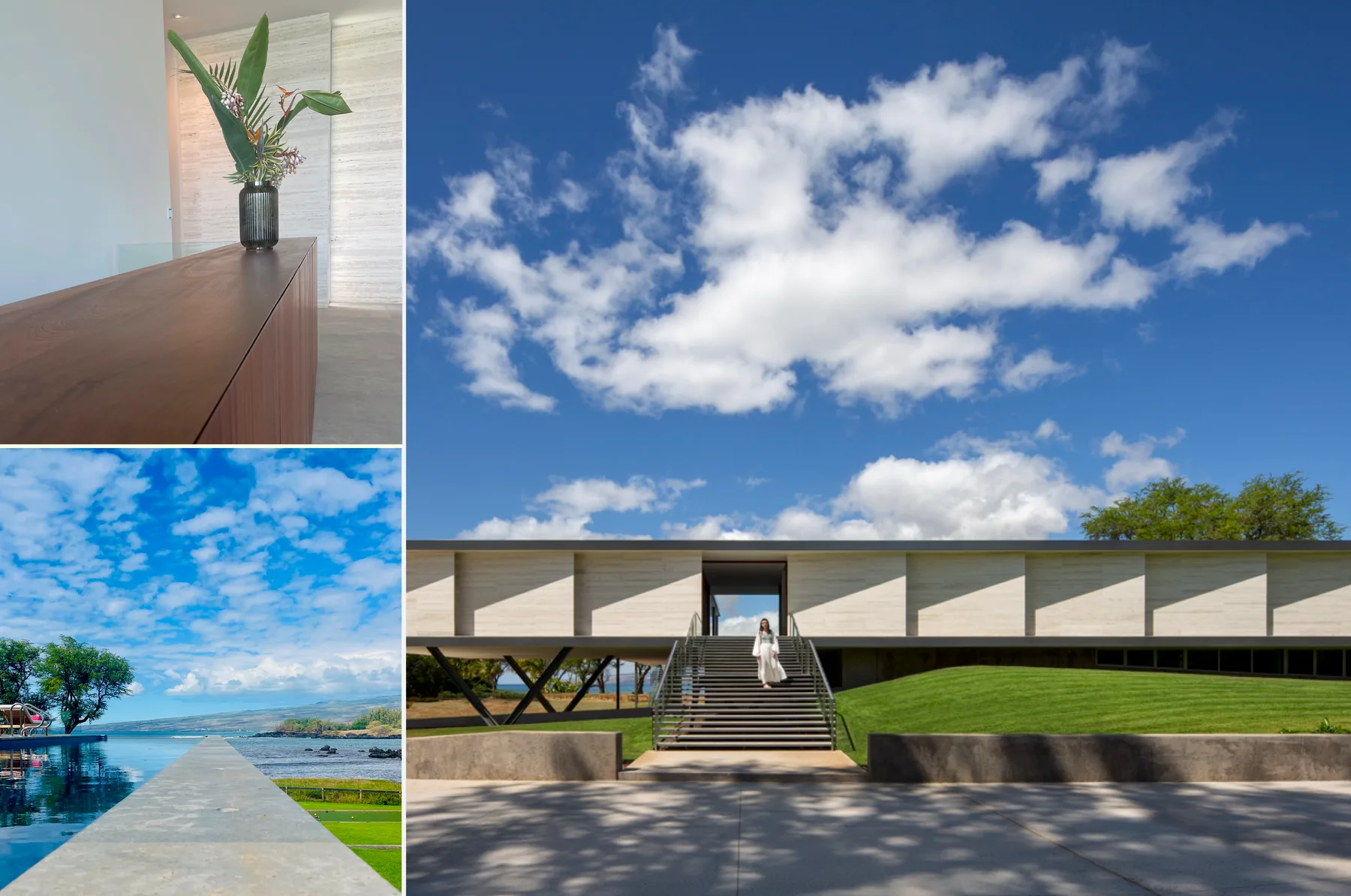 A modern building stands above a central staircase beneath a bright, cloud-filled sky.