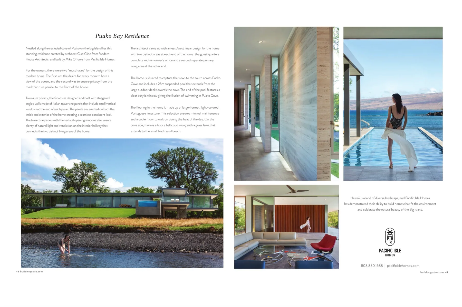 A brochure page features a modern seaside house and a poolside view.
