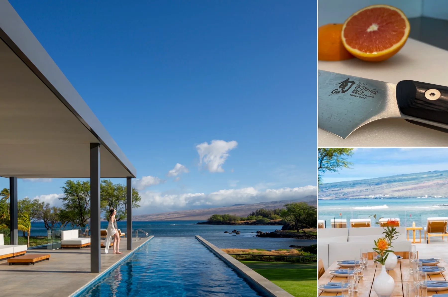 A modern patio overlooks a swimming pool and a lake beneath a clear blue sky.