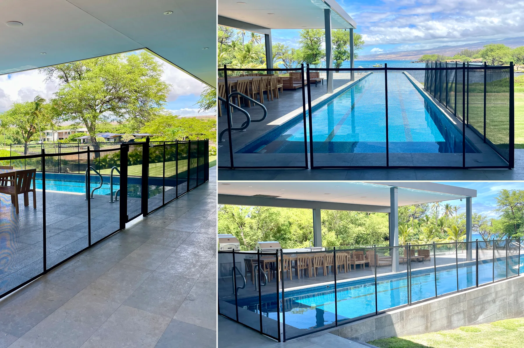 A swimming pool beside a covered outdoor seating area, enclosed by glass railings.