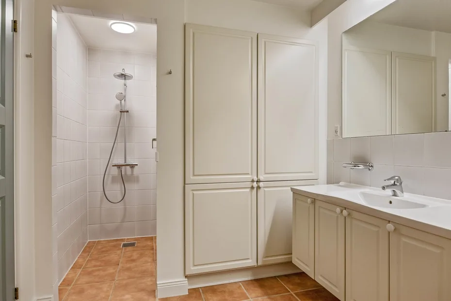 Un baño con ducha, armarios empotrados y lavabo.