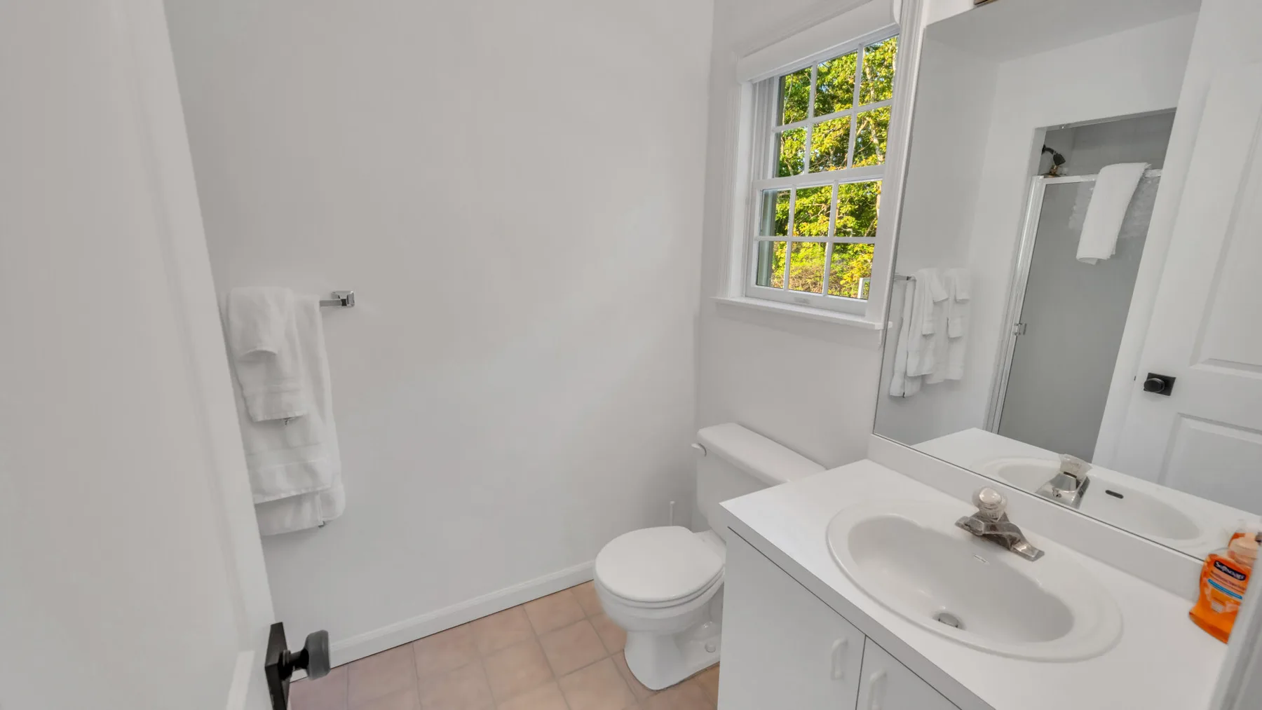 A bright bathroom with a sink, toilet, and window overlooking greenery.