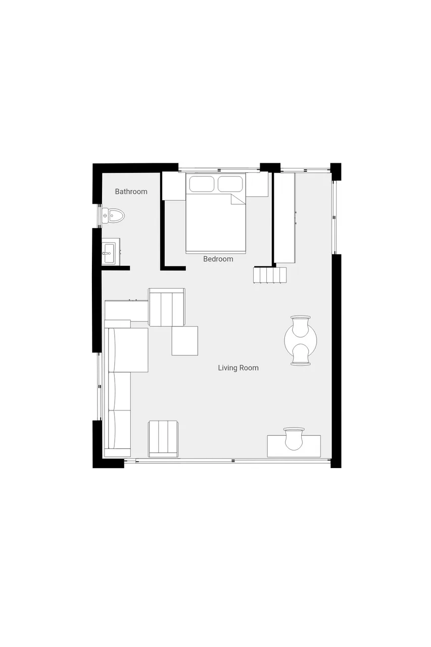 A floor plan shows a bedroom, bathroom, and living room.