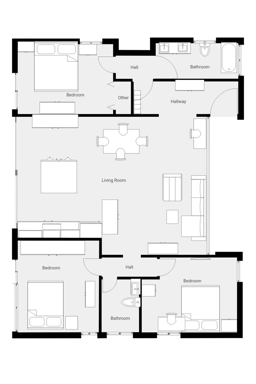 A floor plan shows a central living room surrounded by bedrooms, bathrooms, and hallways.