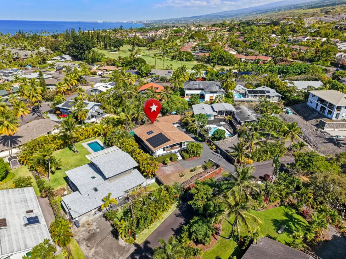 Aerial view of homes and palm trees across a green coastal neighborhood.