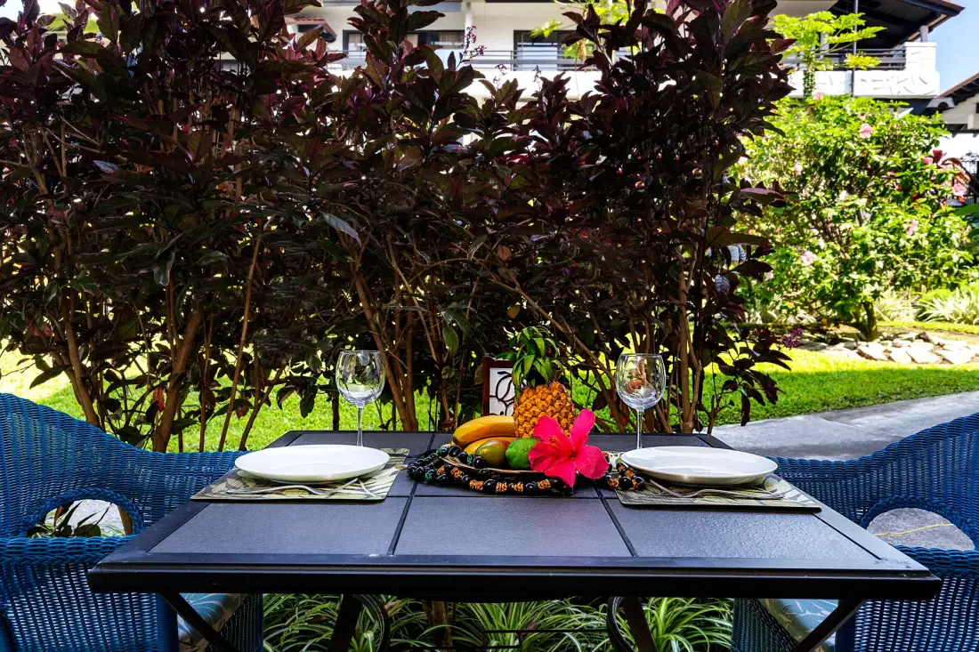 Mesa de comedor al aire libre con platos, copas y fruta, junto a asientos azules.