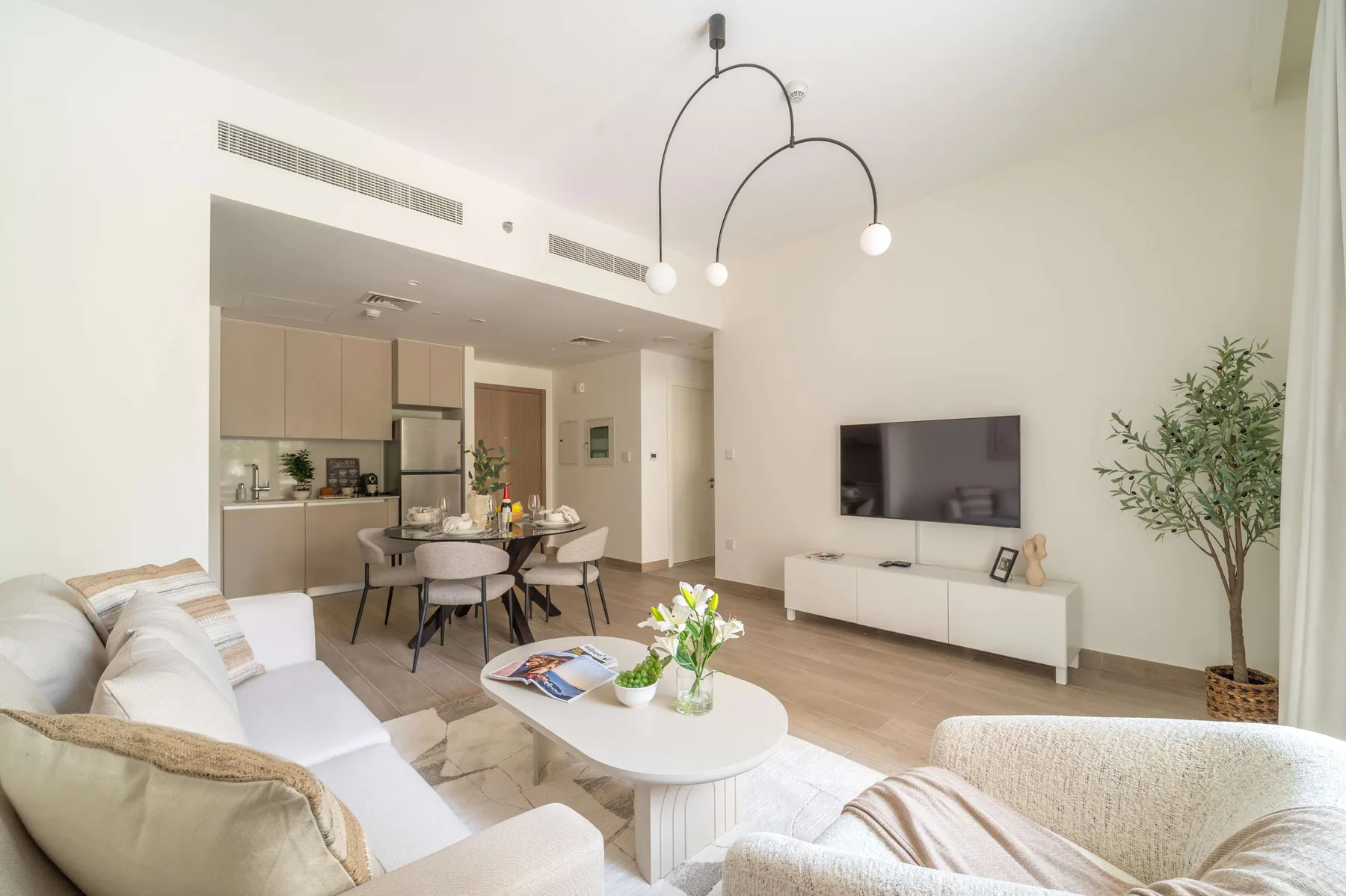 A bright living room with seating, a coffee table, and a television.