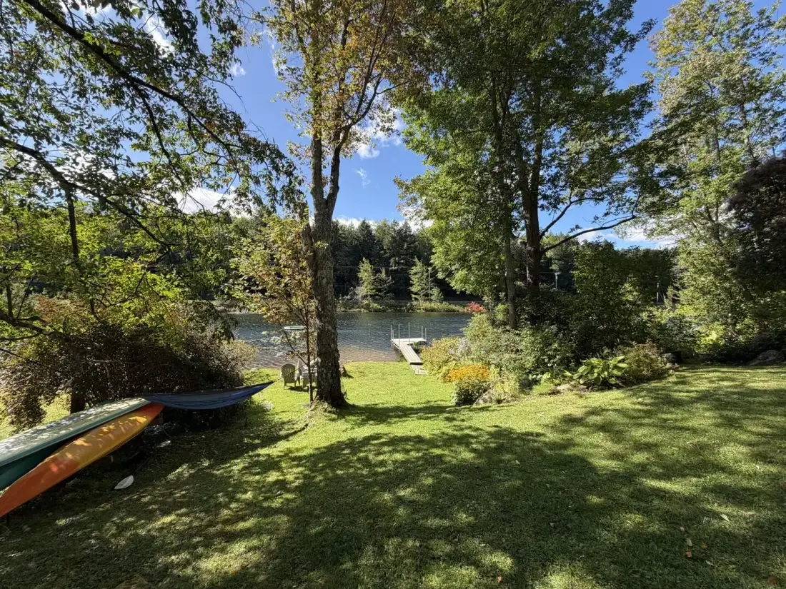 A grassy lakeside yard sits beneath trees, with a dock and hammock near the water.