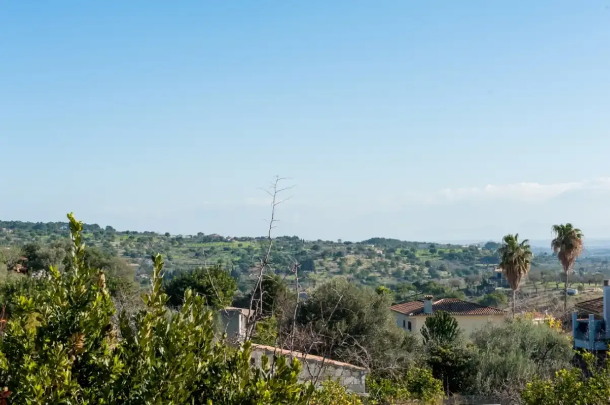 Un paisaje rural con casas dispersas y árboles bajo un cielo despejado.