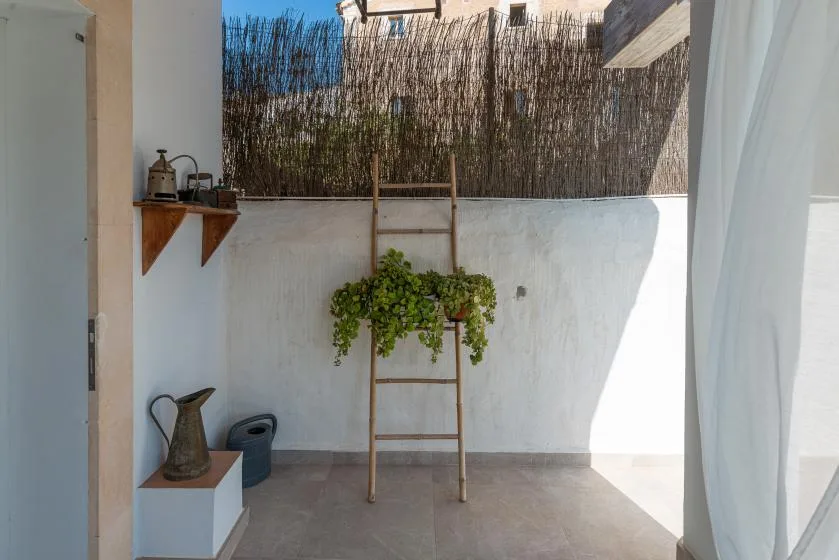 Un patio soleado con una escalera de madera y plantas colgantes junto a una pared blanca.