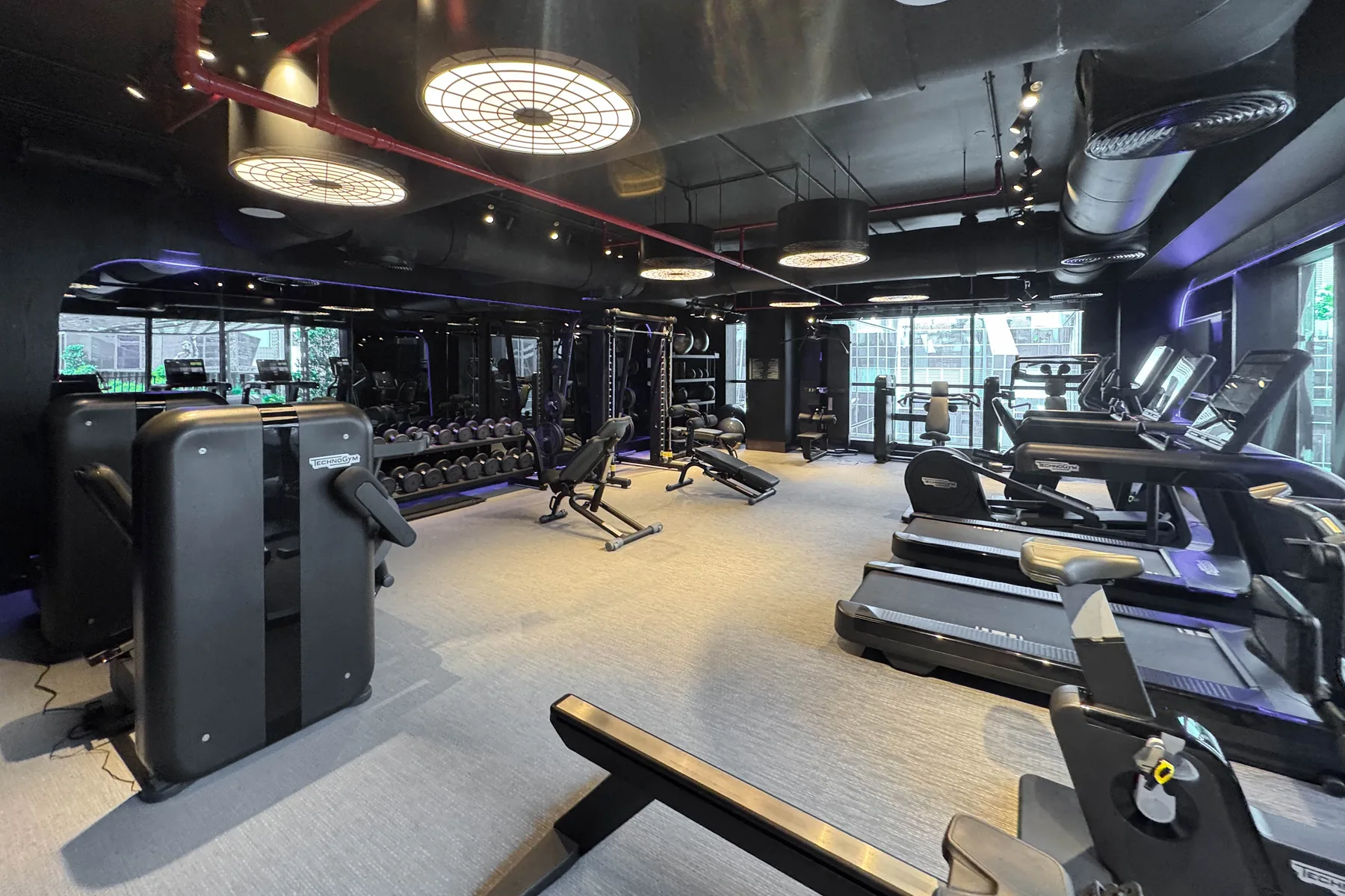 Un gimnasio moderno con máquinas de ejercicio, pesas y grandes ventanas.
