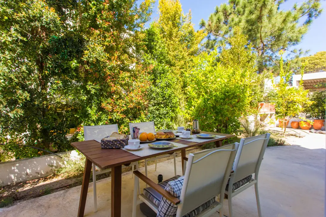 Un comedor al aire libre con una mesa y sillas bajo árboles frondosos.