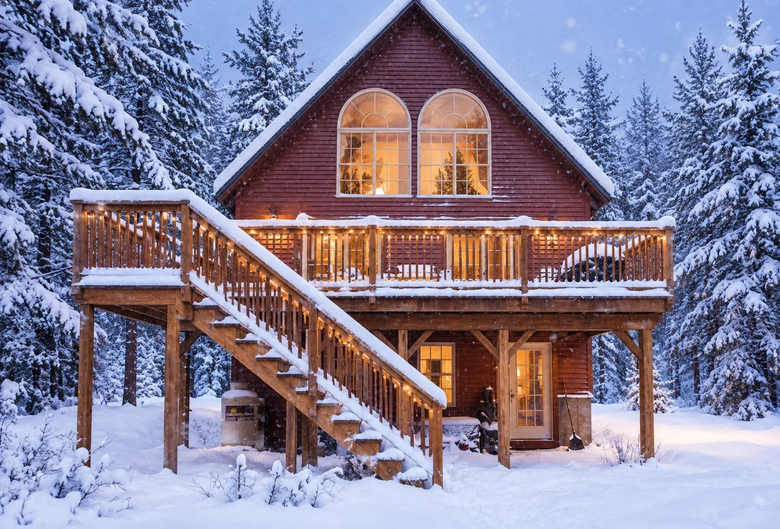 A snow-covered wooden cabin with a raised deck and warm glowing windows.
