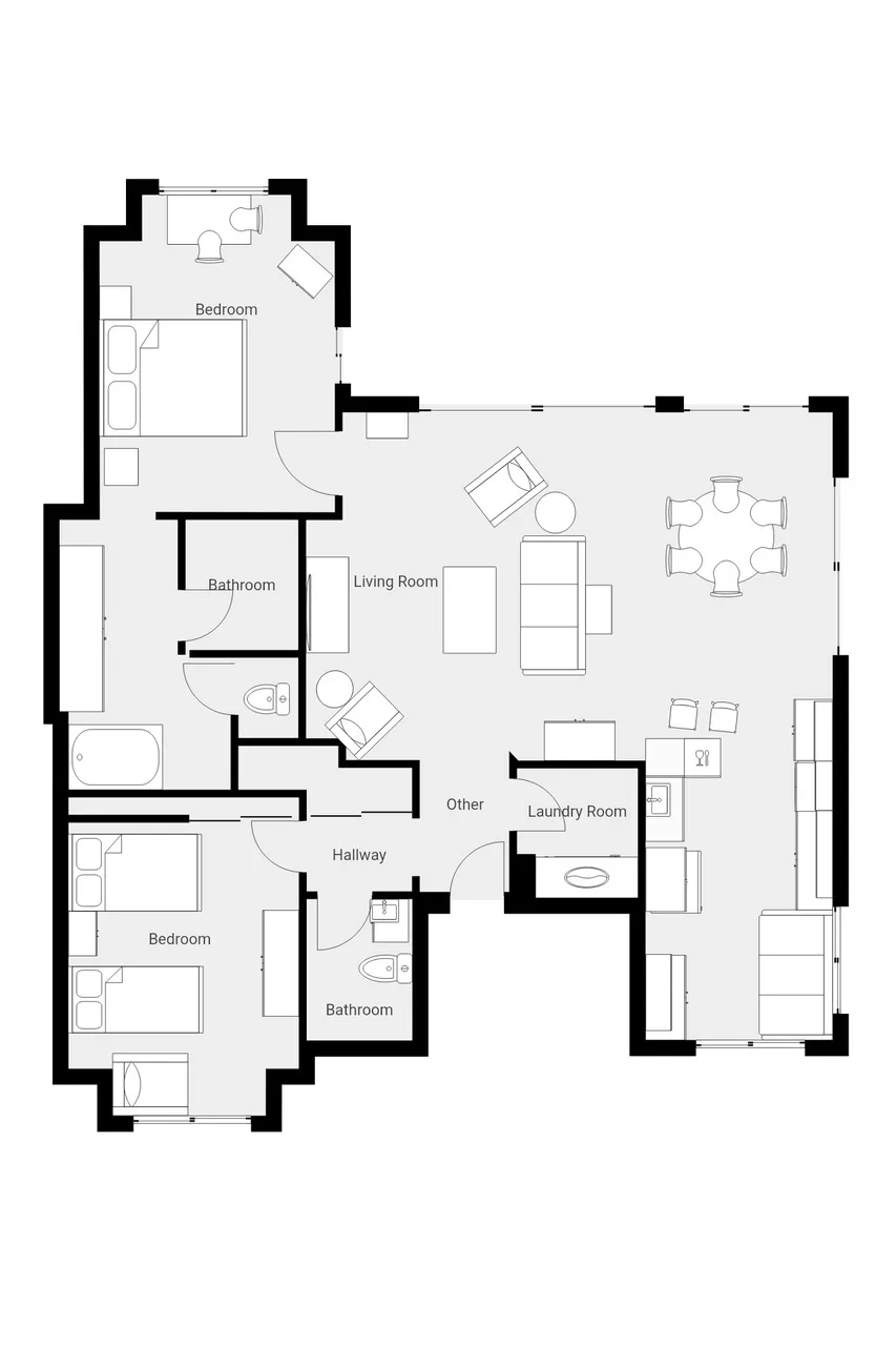 Floor plan showing bedrooms, bathrooms, a living area, and a kitchen.