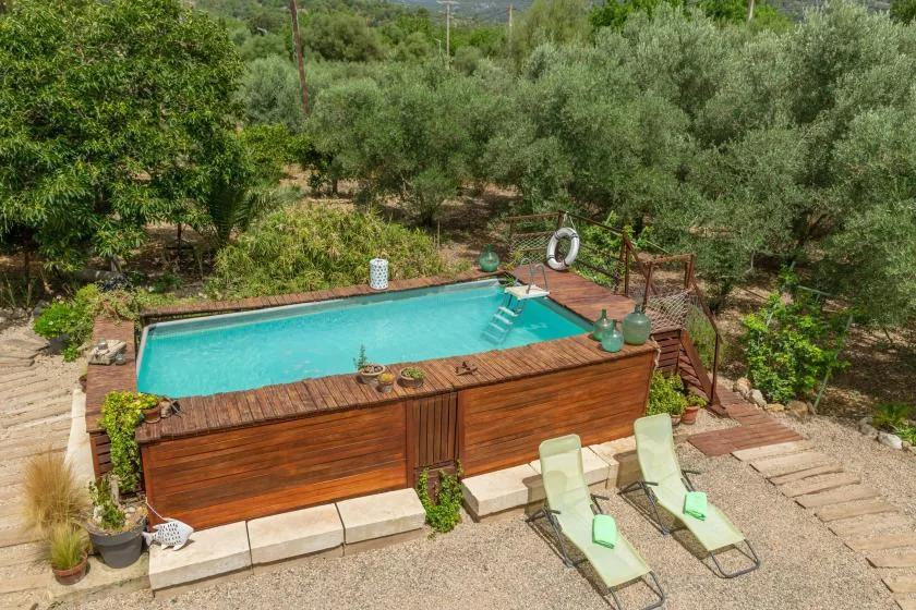 A raised outdoor pool sits among trees, with two loungers beside it.