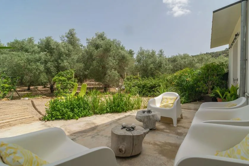 An outdoor seating area overlooks a garden with trees and greenery.