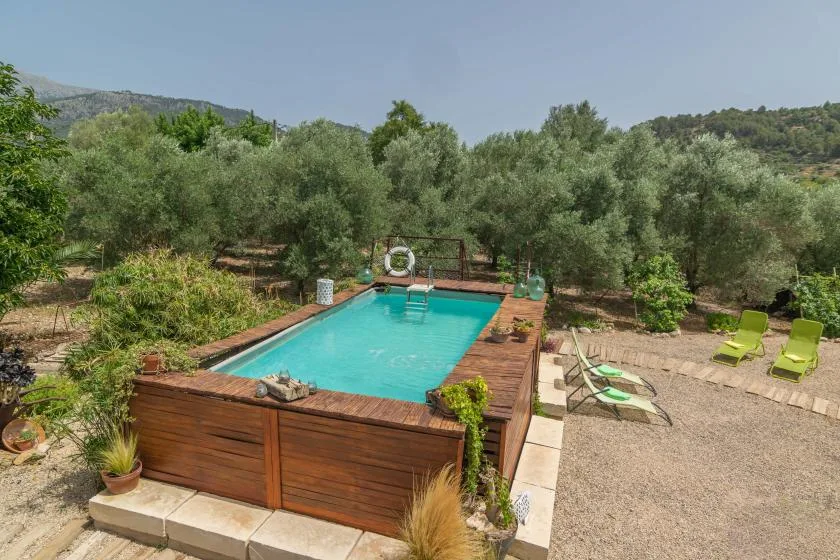 An outdoor swimming pool sits among trees, with lounge chairs nearby.