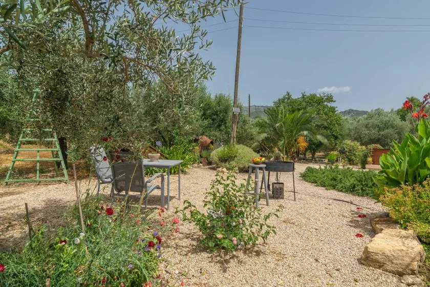 A gravel garden patio has outdoor seating and flowering plants among mature trees.