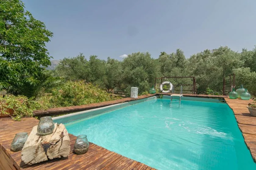 An outdoor swimming pool is surrounded by a wooden deck and leafy greenery.