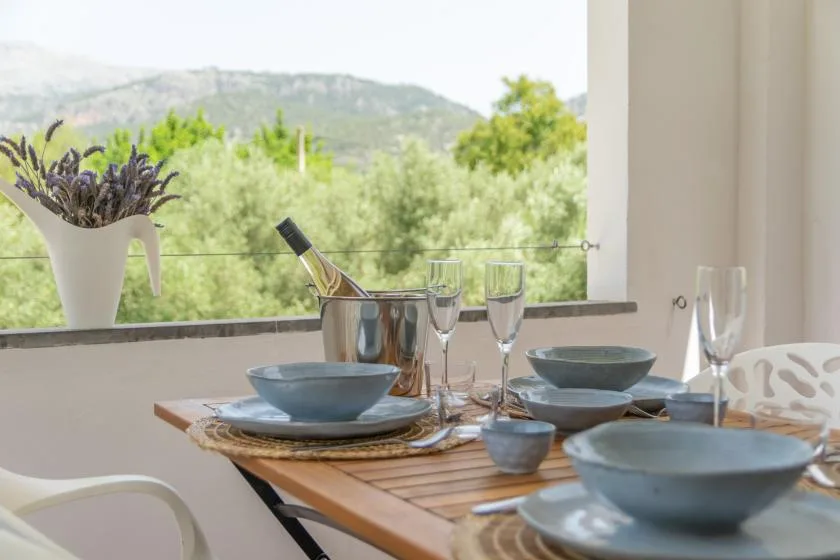 A dining table set with plates and glasses sits beside a window overlooking green hills.