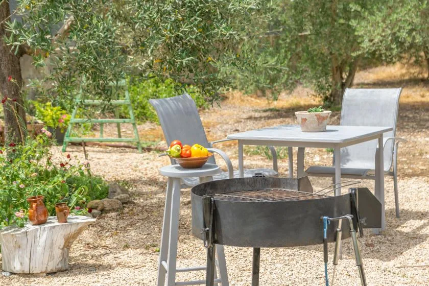 An outdoor dining area with a table and chairs beneath leafy trees.