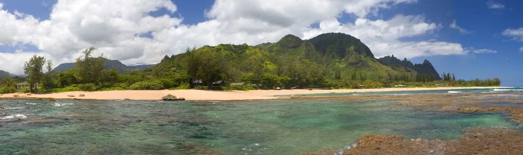 A tropical shoreline with shallow water, sandy beach, and green mountains.