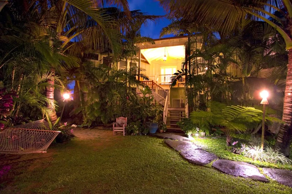 A warmly lit house stands behind a tropical garden at night.