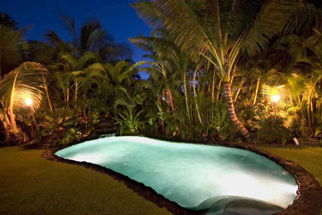 A swimming pool glows at night among palm trees and garden lights.