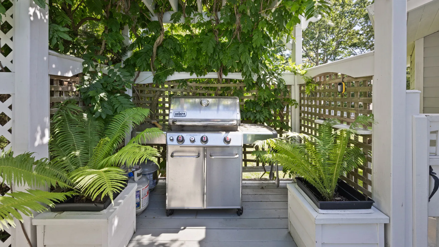 Un patio al aire libre con una parrilla de acero inoxidable bajo enredaderas frondosas.